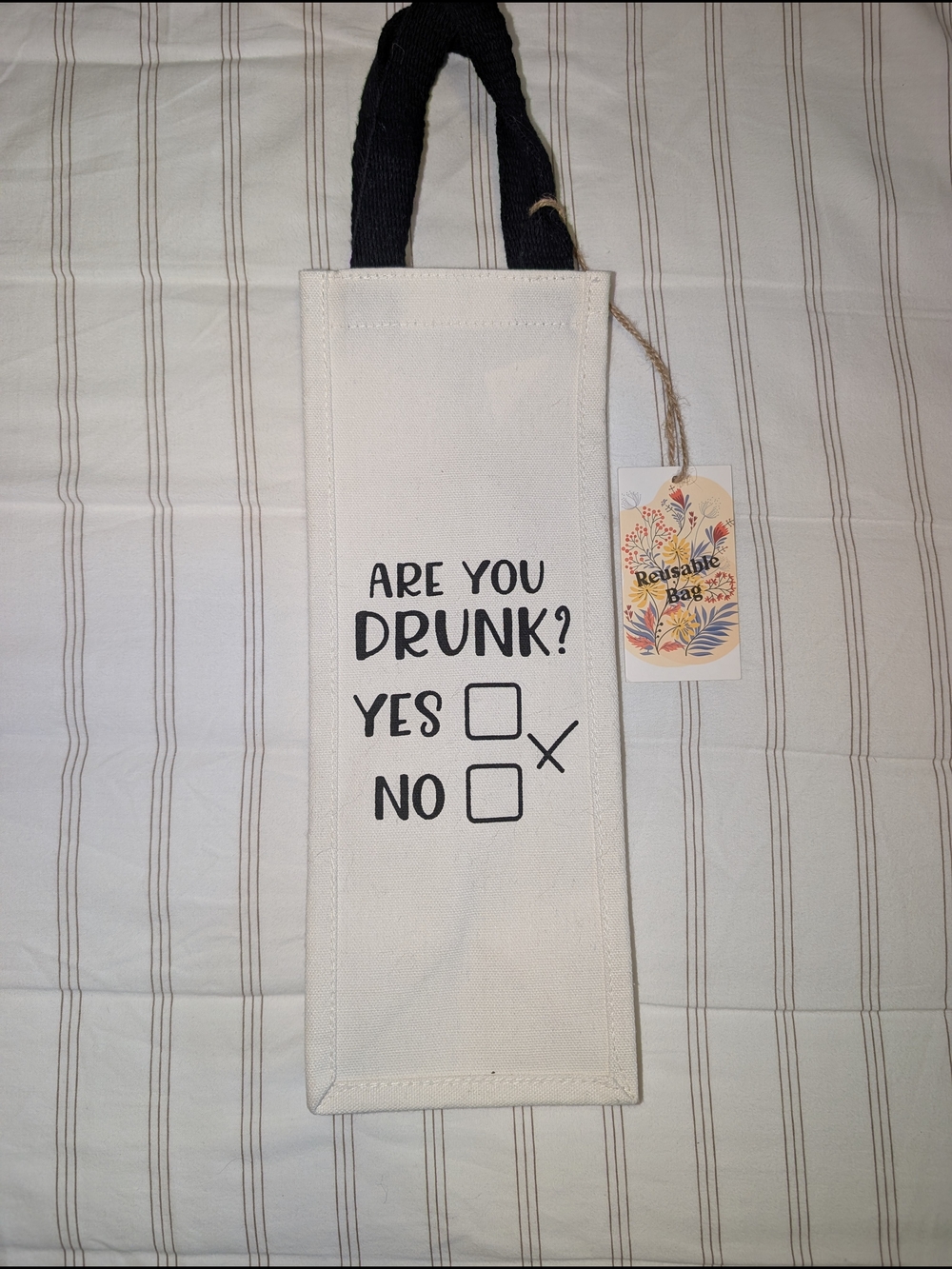 Reusable Canvas Wine Bag - "Are You Drunk?" - White with Black Handles